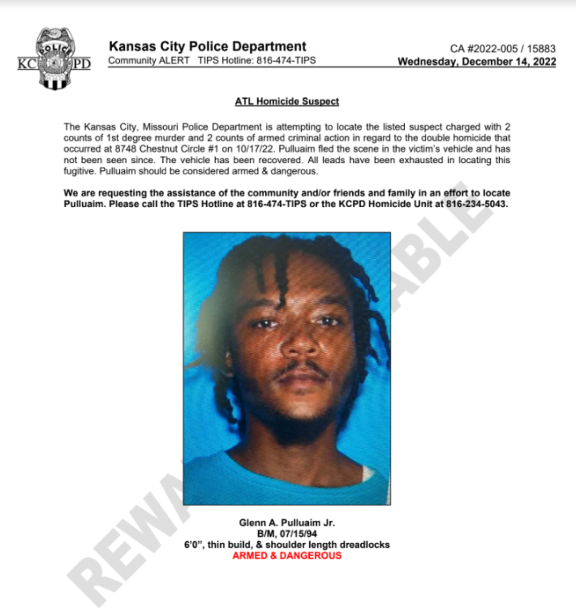 Kcpd fbi search for homicide suspect glenn a pulluaim jr kansas